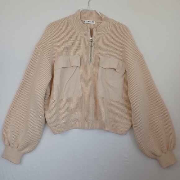 Mango Sweater Cream Cropped Chunky Knit Pullover Pocket & Zip Detail Womens Med - Picture 2 of 7